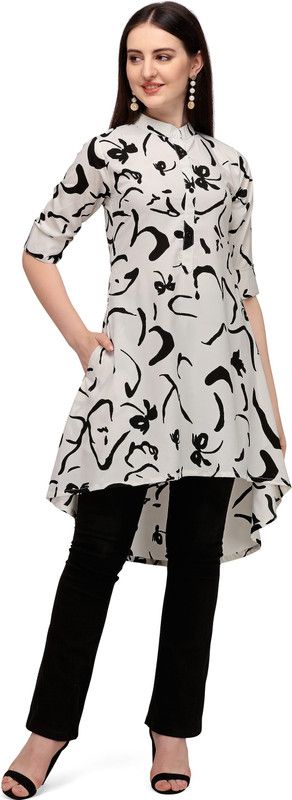 Women Printed Crepe High Low Kurta  (White)