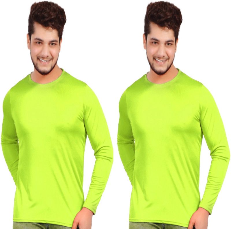 Pack of 2 Men Solid Round Neck Polyester Green T-Shirt