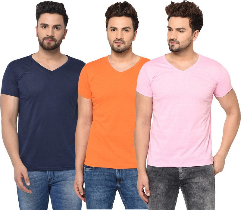 Pack of 3 V Neck T-Shirt Combo of 3 Men Solid V Neck Cotton Blend Dark Blue, Pink, Orange T-Shirt
