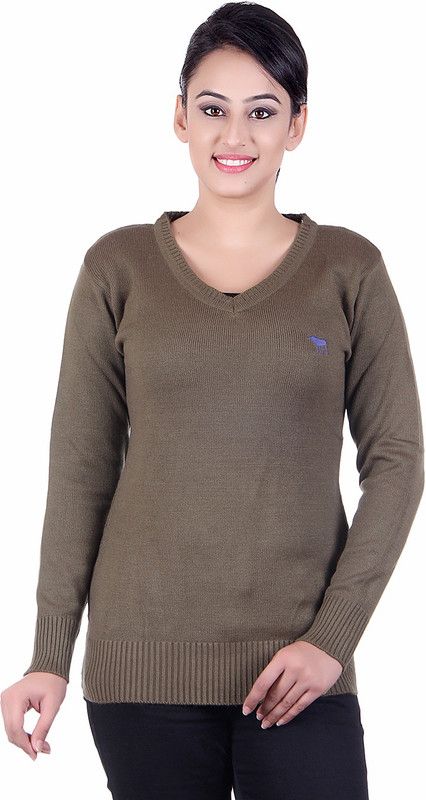 Girls Solid V-neck Grey Sweater