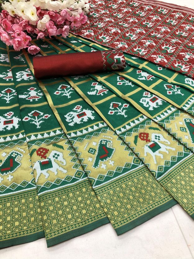 Printed Patola Cotton Silk Saree  (Green)