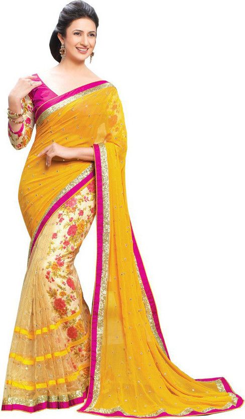 Printed Bollywood Georgette, Net Saree  (Yellow)