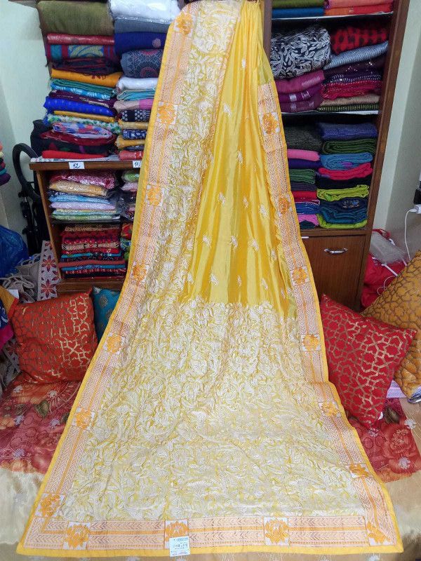 Self Design Katha Art Silk Saree  (Yellow)