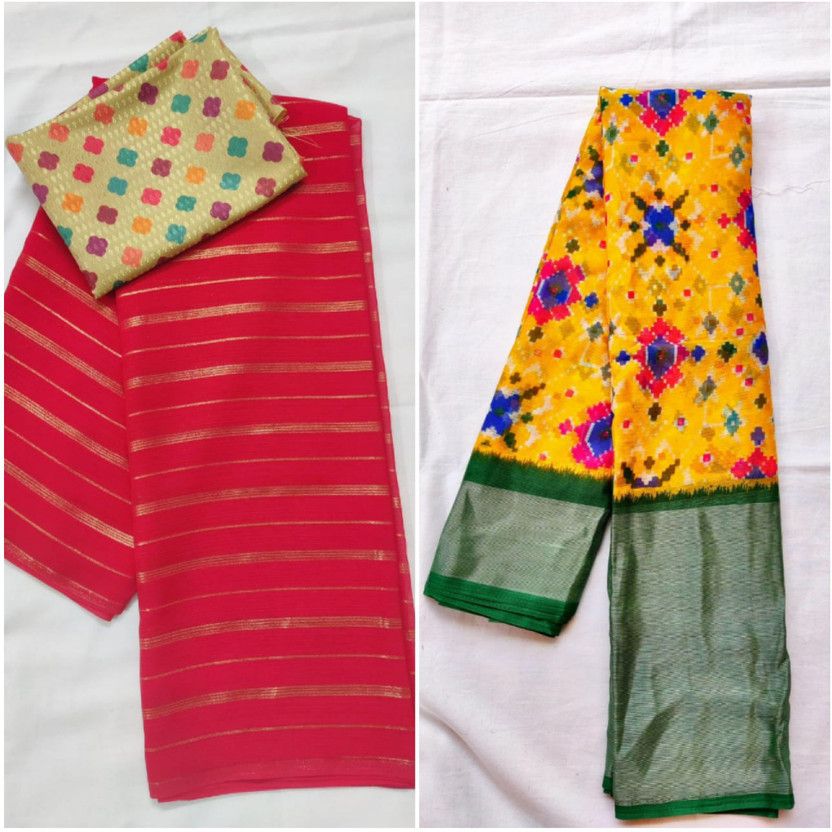 Printed Kalamkari Chiffon Saree  (Pack of 2, Green, Pink)