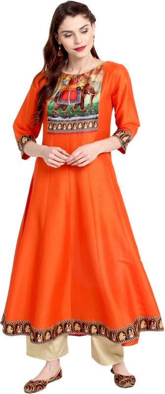 Women Printed Silk Blend Flared Kurta  (Orange)