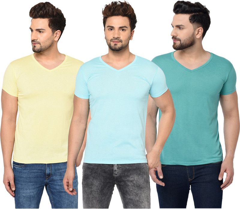 Pack of 3 V neck Combo T-shirts Multicolor Men Solid V Neck Cotton Blend Light Blue, Green, Yellow T-Shirt