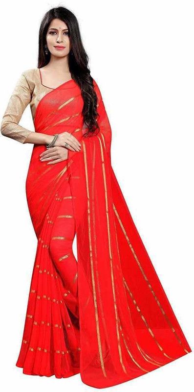 Striped Daily Wear Chiffon Saree  (Red)