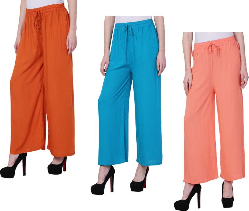 Pack of 3 Women Regular Fit Blue, Orange Cotton Blend Trousers