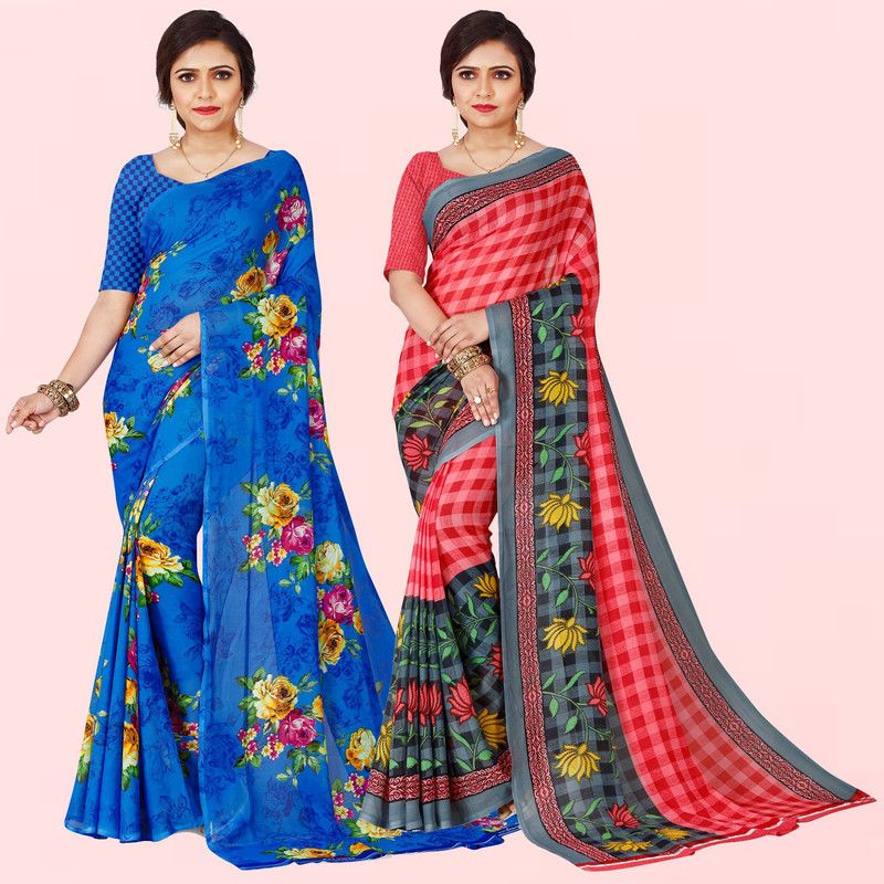 Printed Bollywood Georgette Saree  (Pack of 2, Red, Blue, Pink)