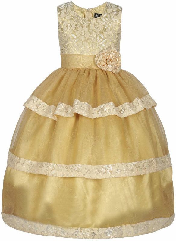 Girls Maxi/Full Length Party Dress  (Gold, Sleeveless)
