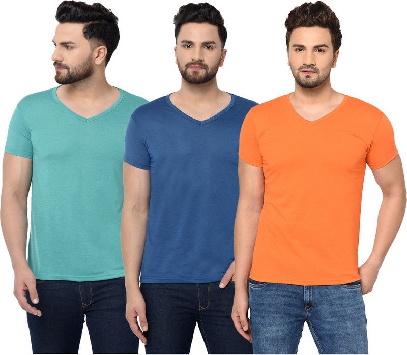 Pack of 3 V neck Combo T-shirts Multicolor Men Solid V Neck Cotton Blend Dark Blue, Green, Orange T-Shirt