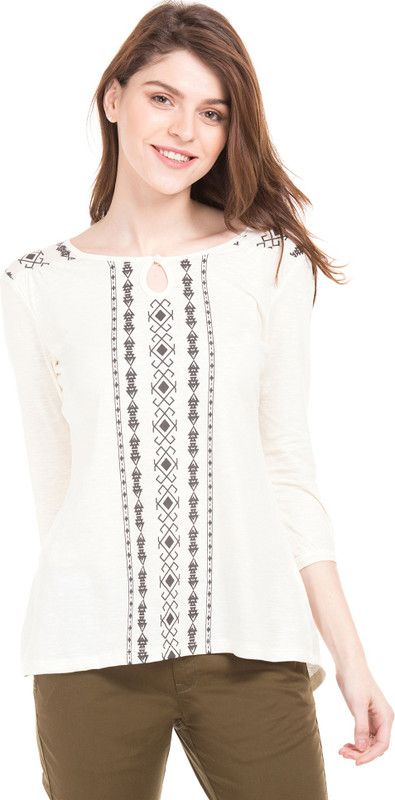 Casual Cuffed Sleeves Printed Women White Top