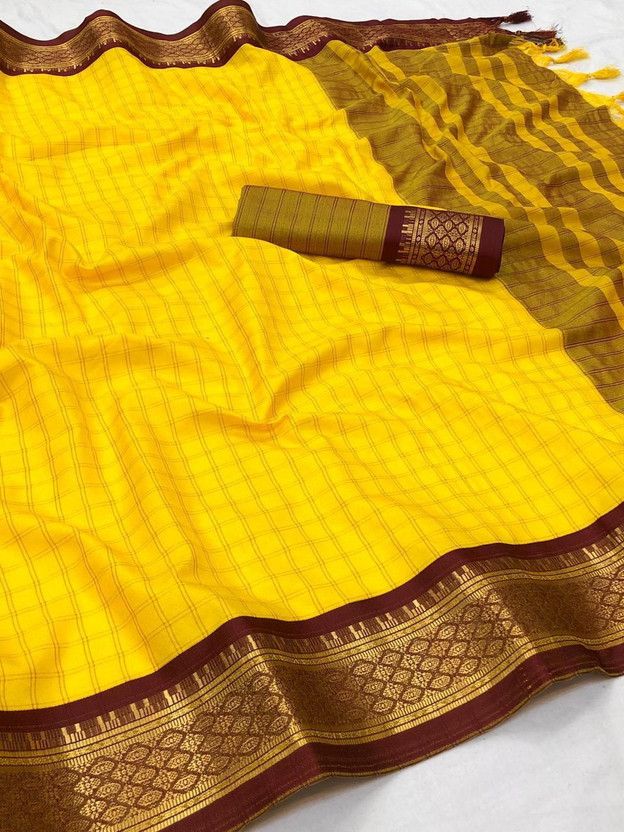 Self Design, Embellished, Woven, Checkered Dharmavaram Cotton Blend, Cotton Silk Saree  (Maroon, Yellow)