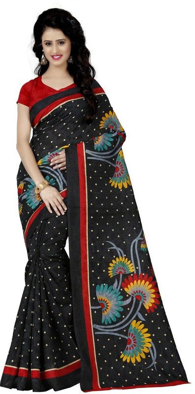 Floral Print, Polka Print Bollywood Cotton Blend Saree  (Black)