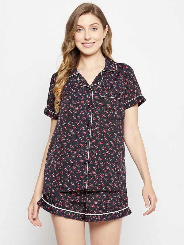 Women Night Suit Set Dark Blue Geometric Print, Printed, Checkered