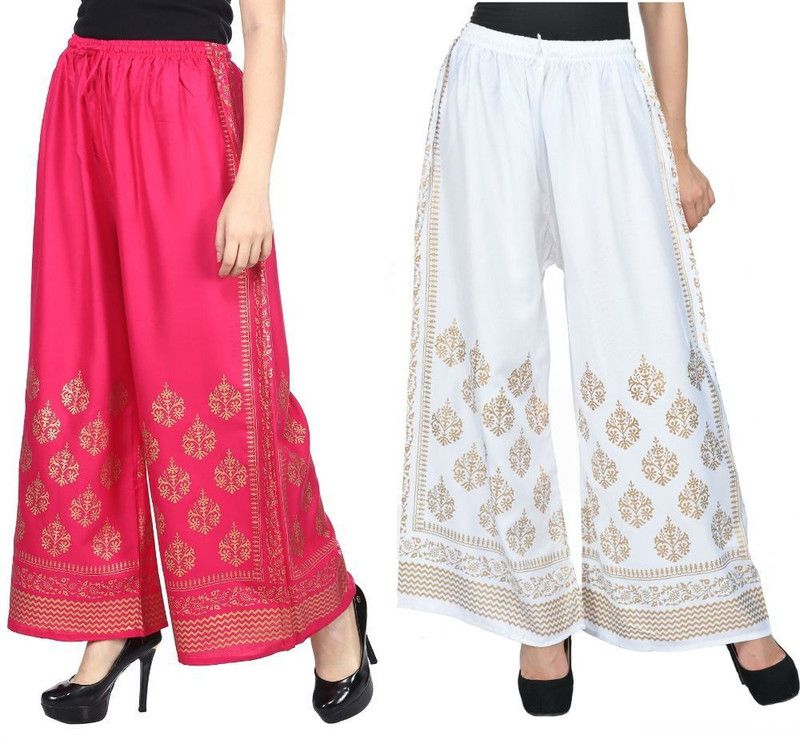 Pack of 2 Women Relaxed White, Pink Viscose Rayon Trousers