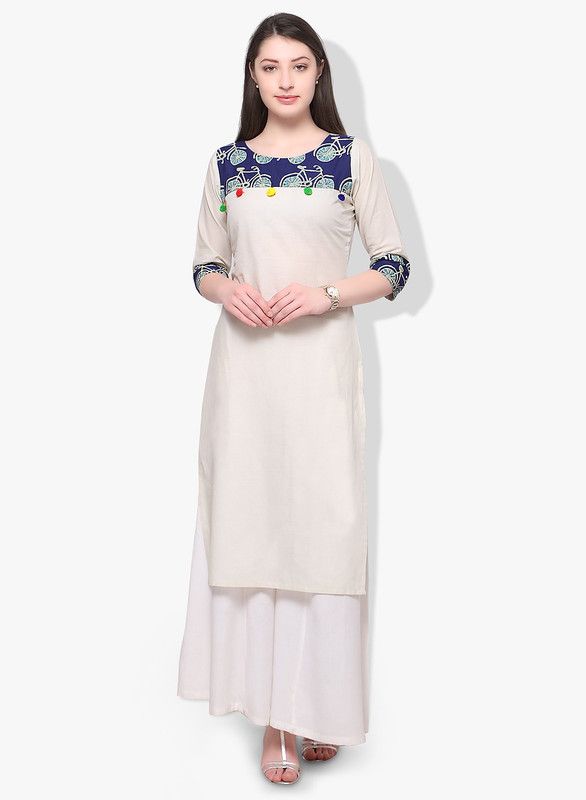 Women Printed Pure Cotton Straight Kurta  (Blue, Beige)