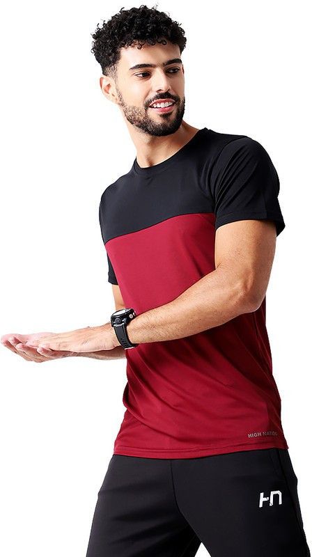 Men Colorblock Round Neck Polyester Maroon T-Shirt