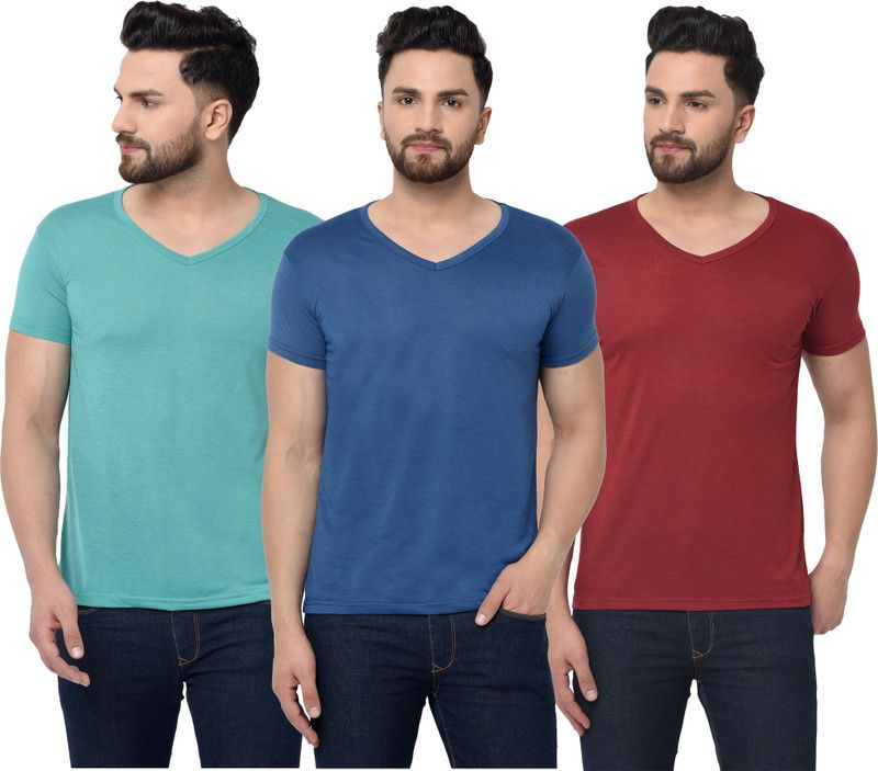 Pack of 3 V neck Combo T-shirts Multicolor Men Solid V Neck Cotton Blend Dark Blue, Light Blue, Maroon T-Shirt