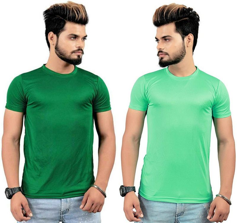Pack of 2 Men Solid Round Neck Polyester Dark Green, Green T-Shirt