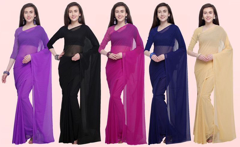 Solid, Plain Daily Wear Georgette Saree  (Pack of 5, Multicolor)