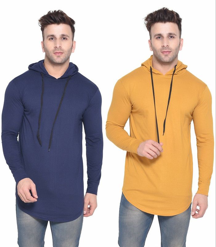 Pack of 2 Men Solid Hooded Neck Cotton Blend Dark Blue, Gold T-Shirt