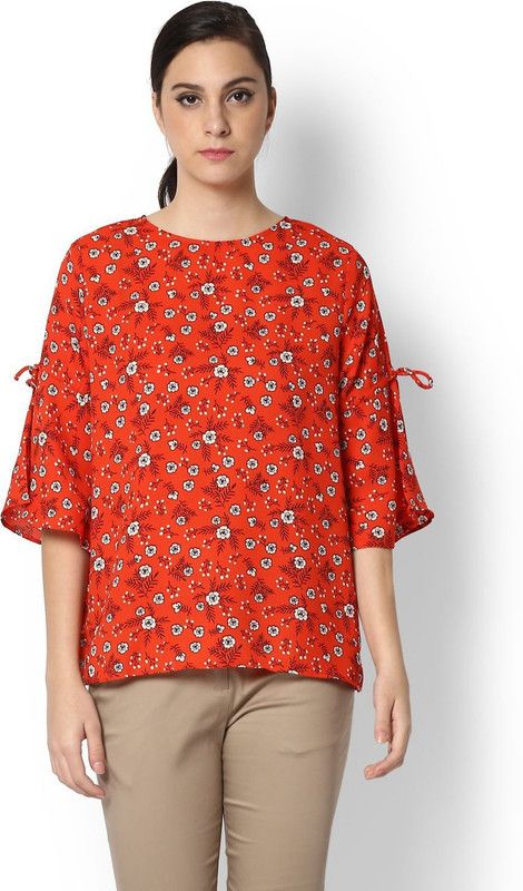 Casual Bell Sleeves Floral Print Women Orange Top