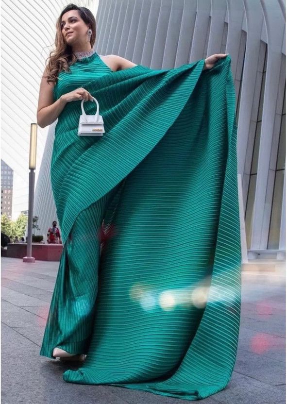 Striped Bollywood Satin Saree  (Green)