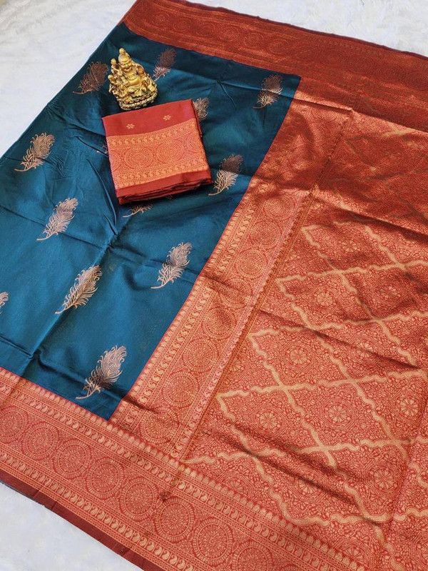 Printed Kanjivaram Silk Blend Saree  (Dark Blue)