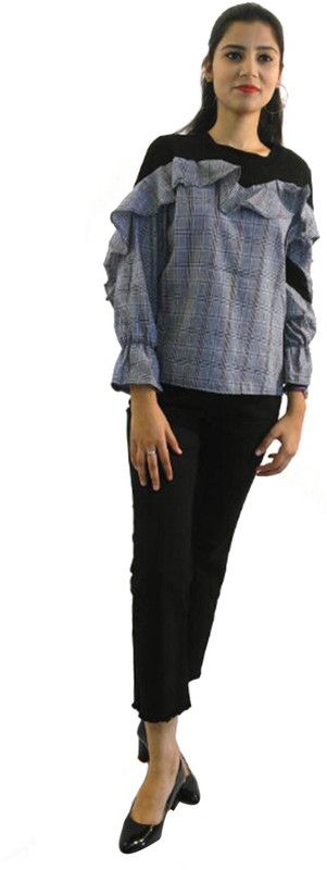 Casual Ruffled Sleeves Checkered Women Blue Top
