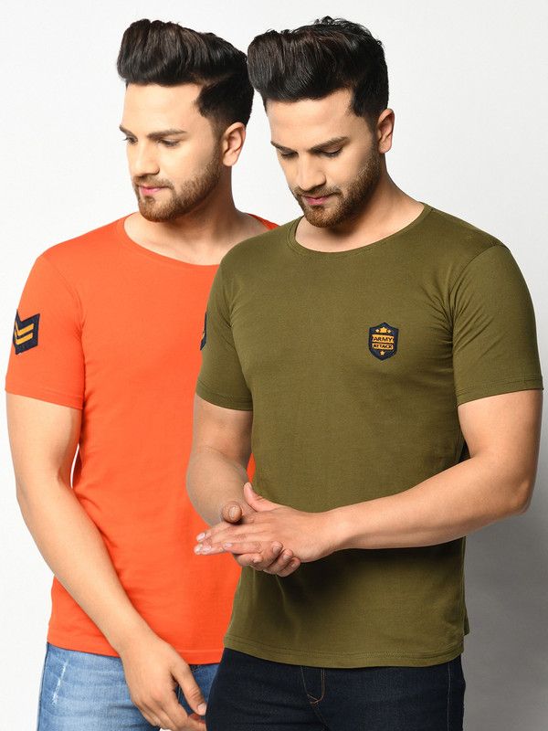 Pack of 2 Men Solid Round Neck Cotton Blend Green, Orange T-Shirt