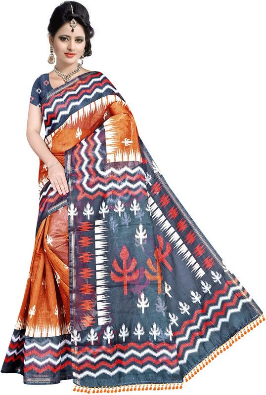 Digital Print Daily Wear Cotton Blend, Chanderi Saree  (Multicolor, Orange, Grey)