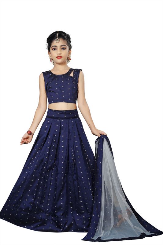 Indi Girls Lehenga Choli Ethnic Wear Polka Print Lehenga, Choli and Dupatta Set  (Blue, Pack of 1)