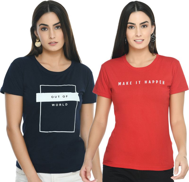 Typography Women Dark Blue, Red T-Shirt  (Pack of 2)