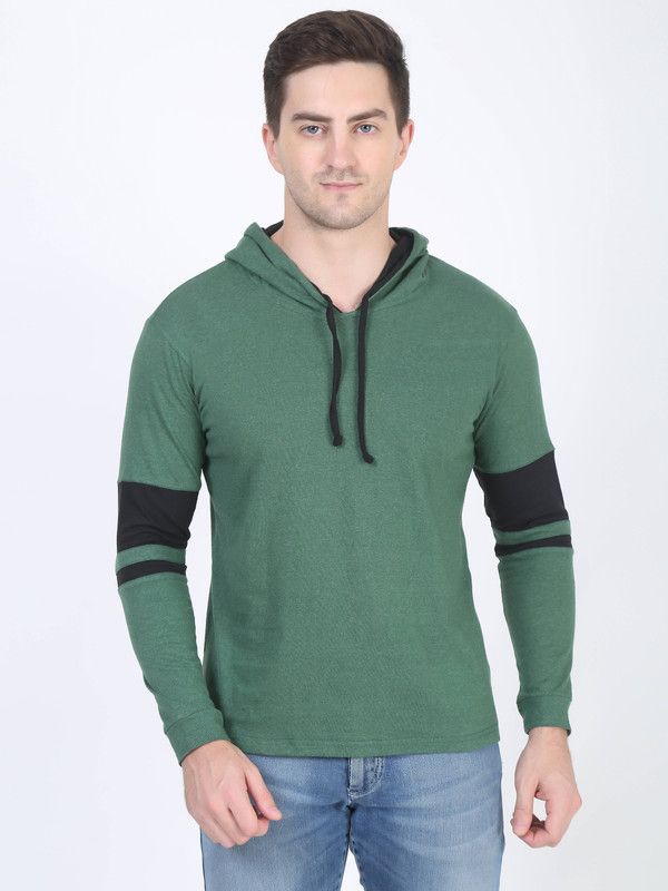 Men Colorblock Hooded Neck Cotton Blend Green T-Shirt