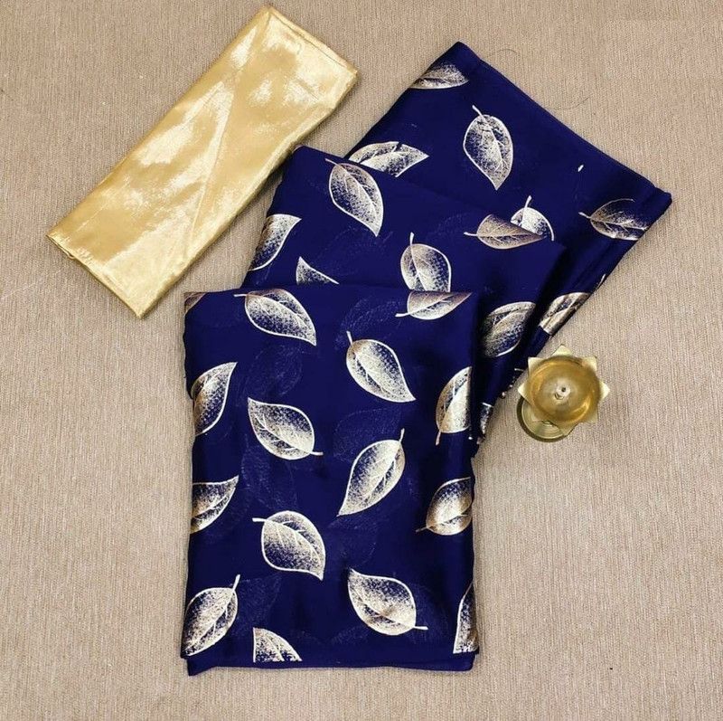 Printed Fashion Satin Saree  (Dark Blue)