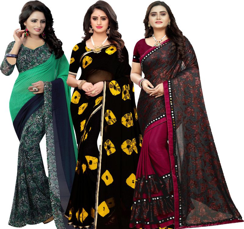 Printed Daily Wear Georgette, Lycra Blend Saree  (Pack of 3, Green, Black, Grey)