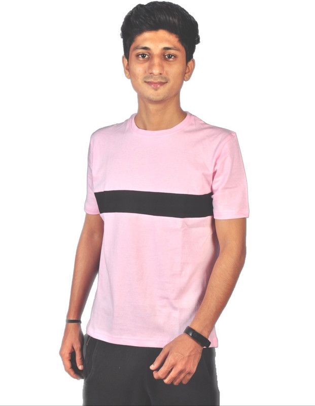 Men Colorblock Round Neck Pure Cotton Pink, Black T-Shirt