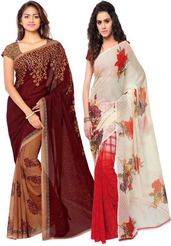 Printed Daily Wear Georgette Saree  (Pack of 2, Brown, Cream)