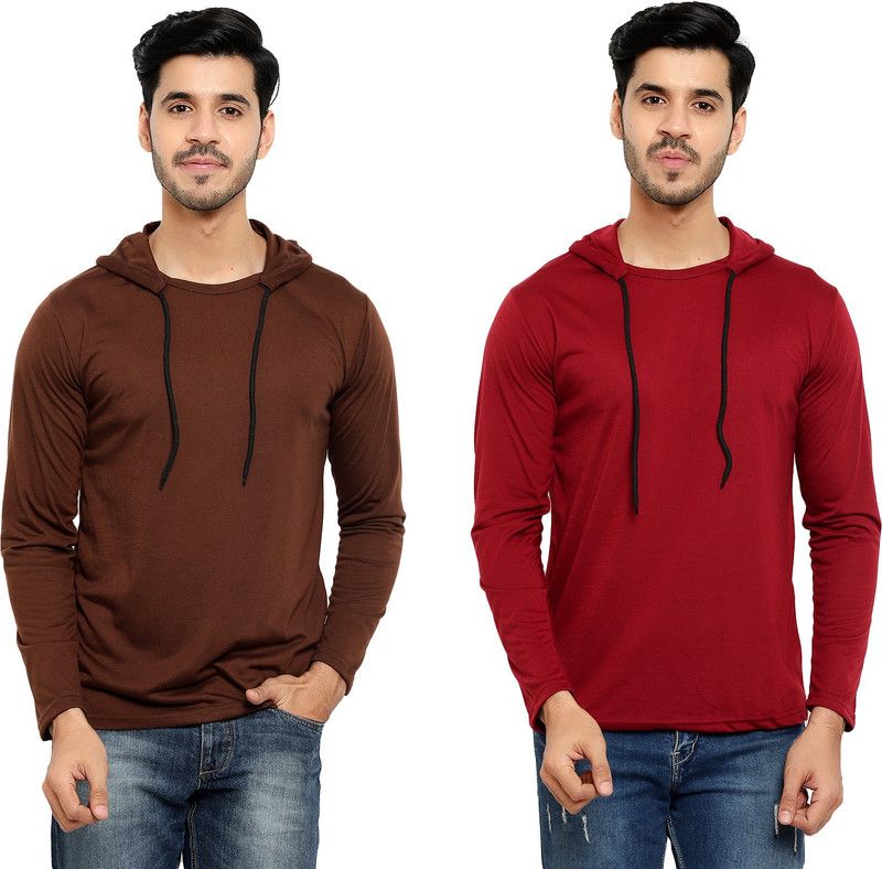 Pack of 2 Men Solid Hooded Neck Cotton Blend Brown, Maroon T-Shirt