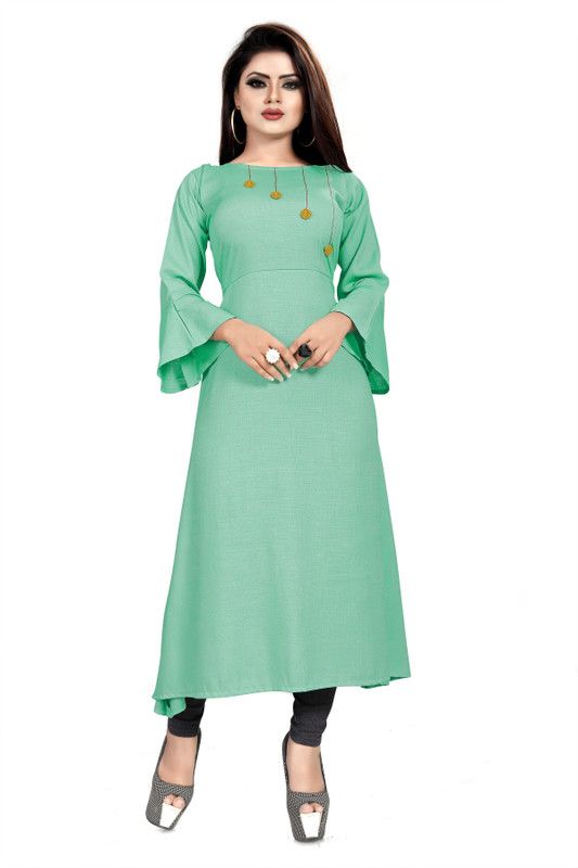 Women Self Design Cotton Blend Flared Kurta  (Green)