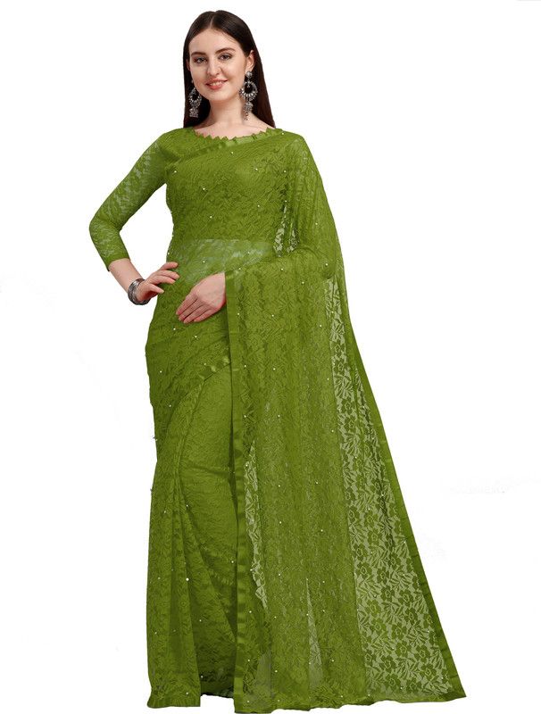 Self Design Fashion Net Saree  (Green)