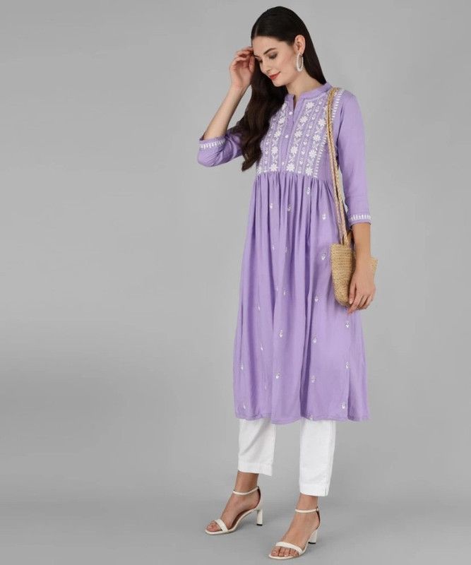 Girls Embroidered Pure Cotton A-line Kurta  (Purple)