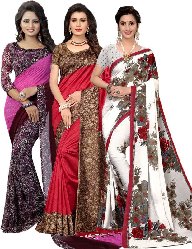 Printed Daily Wear Georgette Saree  (Pack of 3, Purple, Red, White)