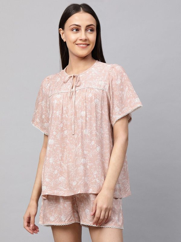 Women Top & Shorts Set Beige Floral Print