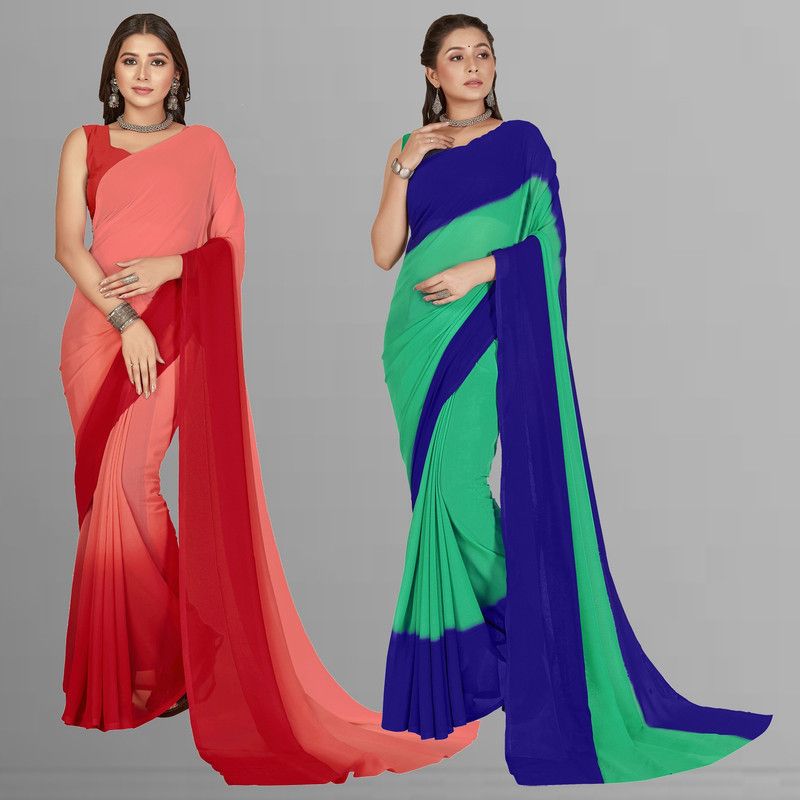 Ombre, Striped, Dyed Bollywood Georgette Saree  (Pack of 2, Dark Blue, Light Blue, Red, Pink)
