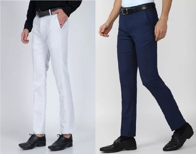 Pack of 2 Men Slim Fit White Cotton Blend Trousers