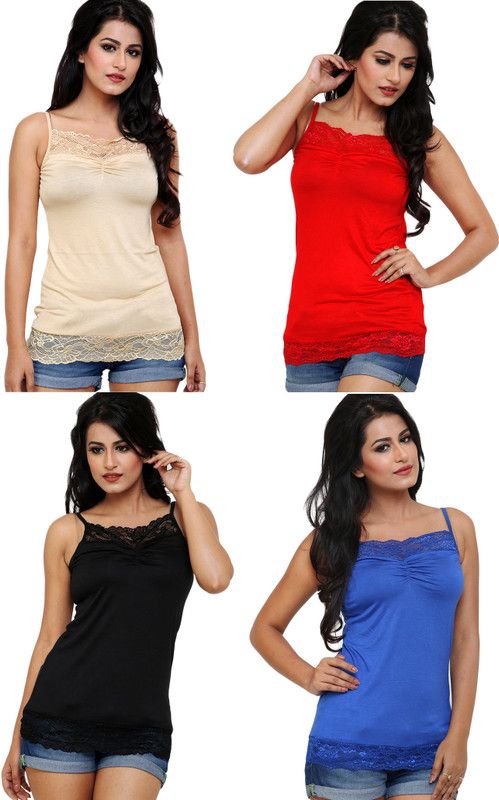 Pack of 4 Casual Sleeveless Solid Women Red, Blue, Black, Beige Top