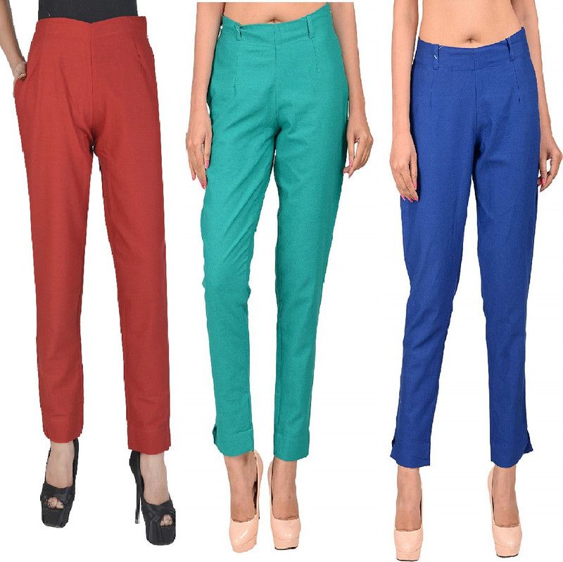 Pack of 3 Women Regular Fit Maroon, Green, Blue Cotton Blend Trousers