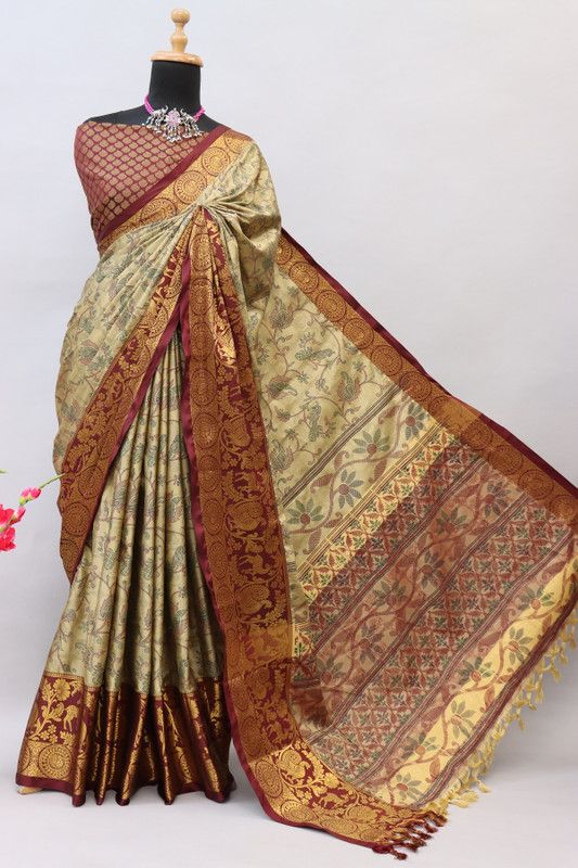 Digital Print Maheshwari Silk Blend Saree  (Cream)
